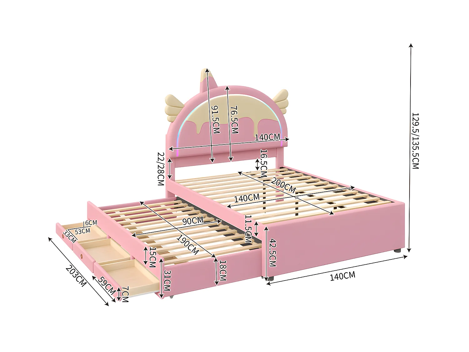 Kinderbett 140 x 200 cm mit Ausziehbett 90 x 190 cm – Kopfteil in Einhornform mit LED – aus Kunstleder – Rosa