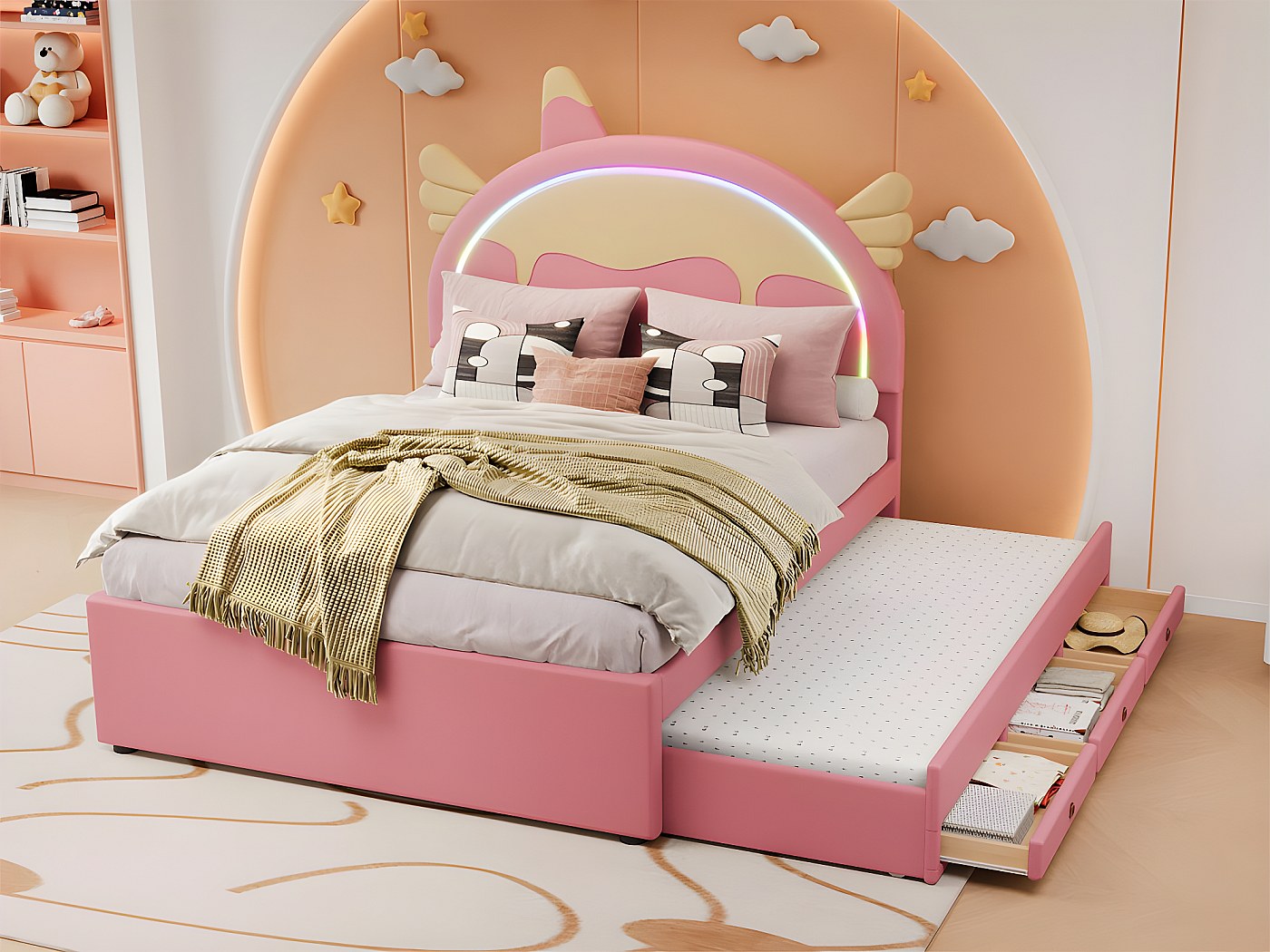 Kinderbett Tagesbett 90x200cm Mit Ausziehbett & LED-Beleuchtung – Inkl. USB-Anschlüssen, Stauraum & Metallgestell