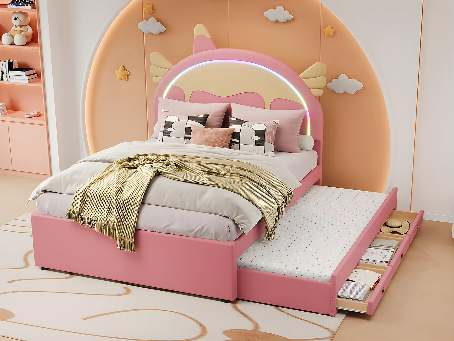Kinderbett 140 x 200 cm mit Ausziehbett 90 x 190 cm – Kopfteil in Einhornform mit LED – aus Kunstleder – Rosa