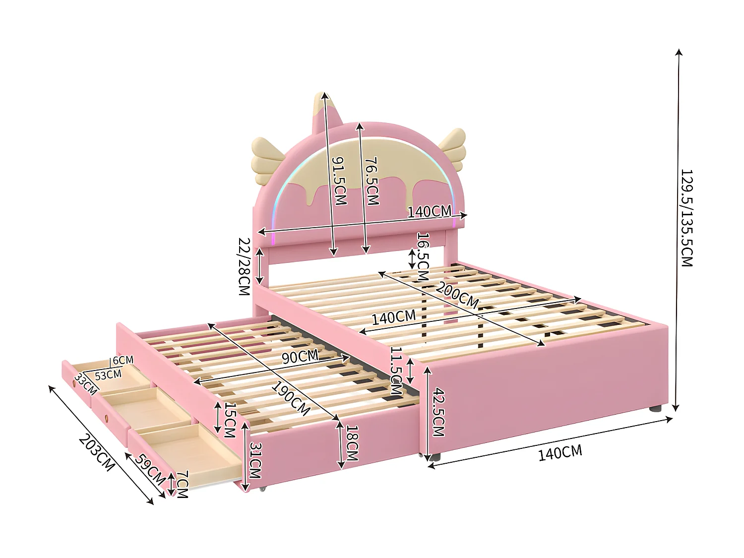 Kinderbett 140 x 200 cm mit Ausziehbett 90 x 190 cm – Kopfteil in Einhornform mit LED – aus Kunstleder – Rosa