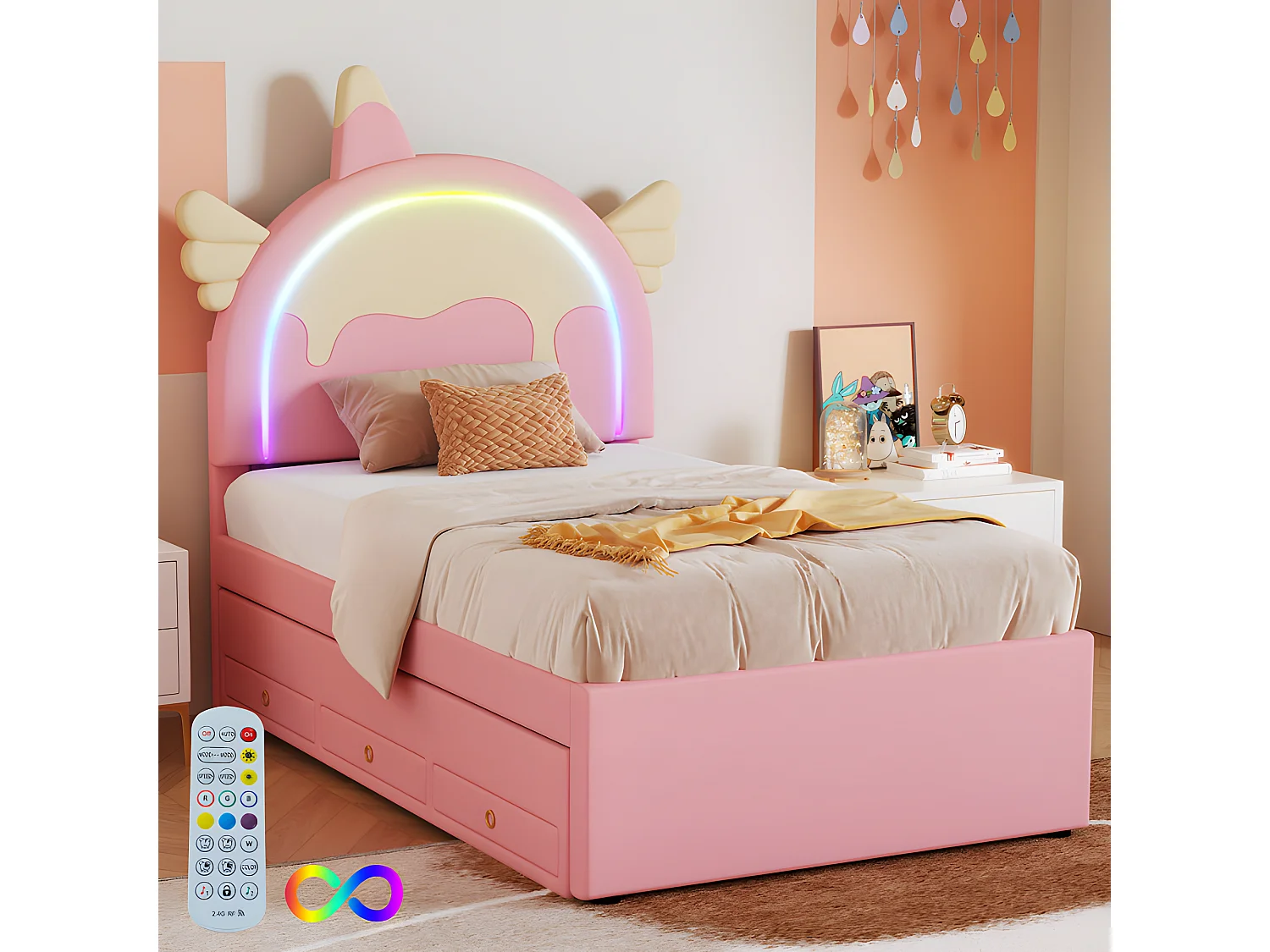 Kinderbett 90 x 200 cm mit Ausziehbett 90 x 190 cm – einhornförmiges Kopfteil mit LED – aus Kunstleder – Rosa