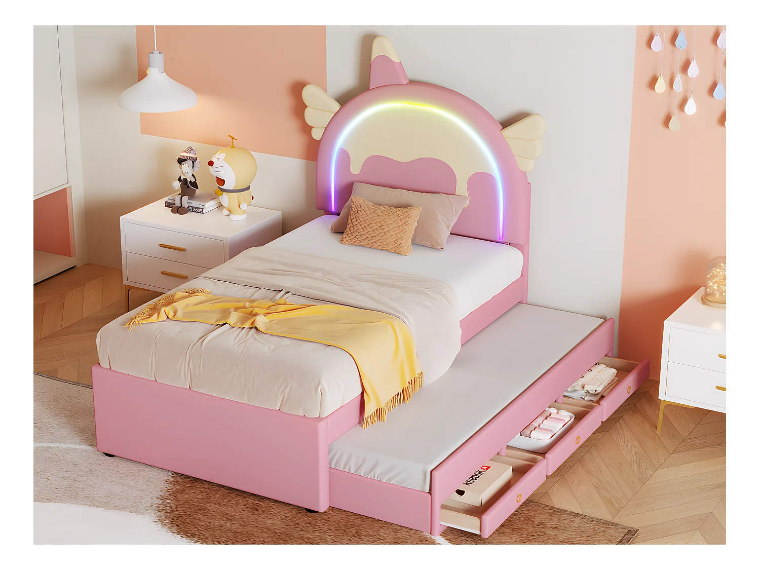 Kinderbed 90x200cm met onderschuifbed 90x190cm - eenhoornvormig hoofdeinde met LED - in kunstleer - Roze