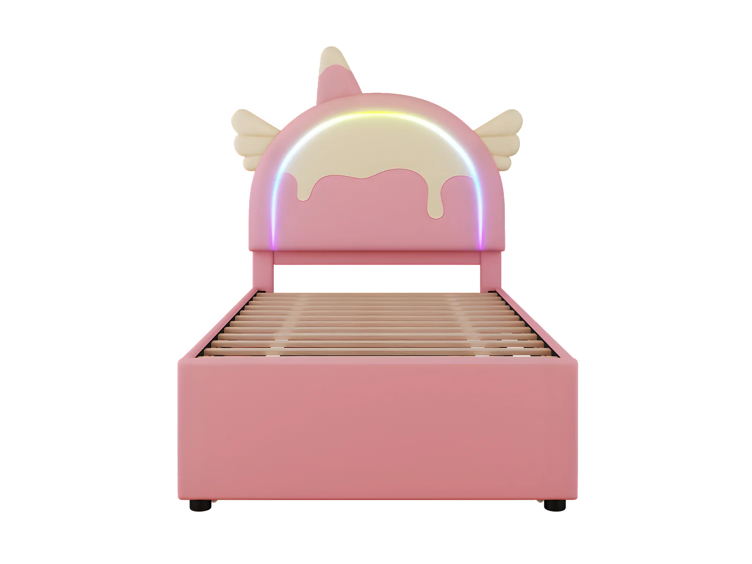 Kinderbed 90x200cm met onderschuifbed 90x190cm - eenhoornvormig hoofdeinde met LED - in kunstleer - Roze
