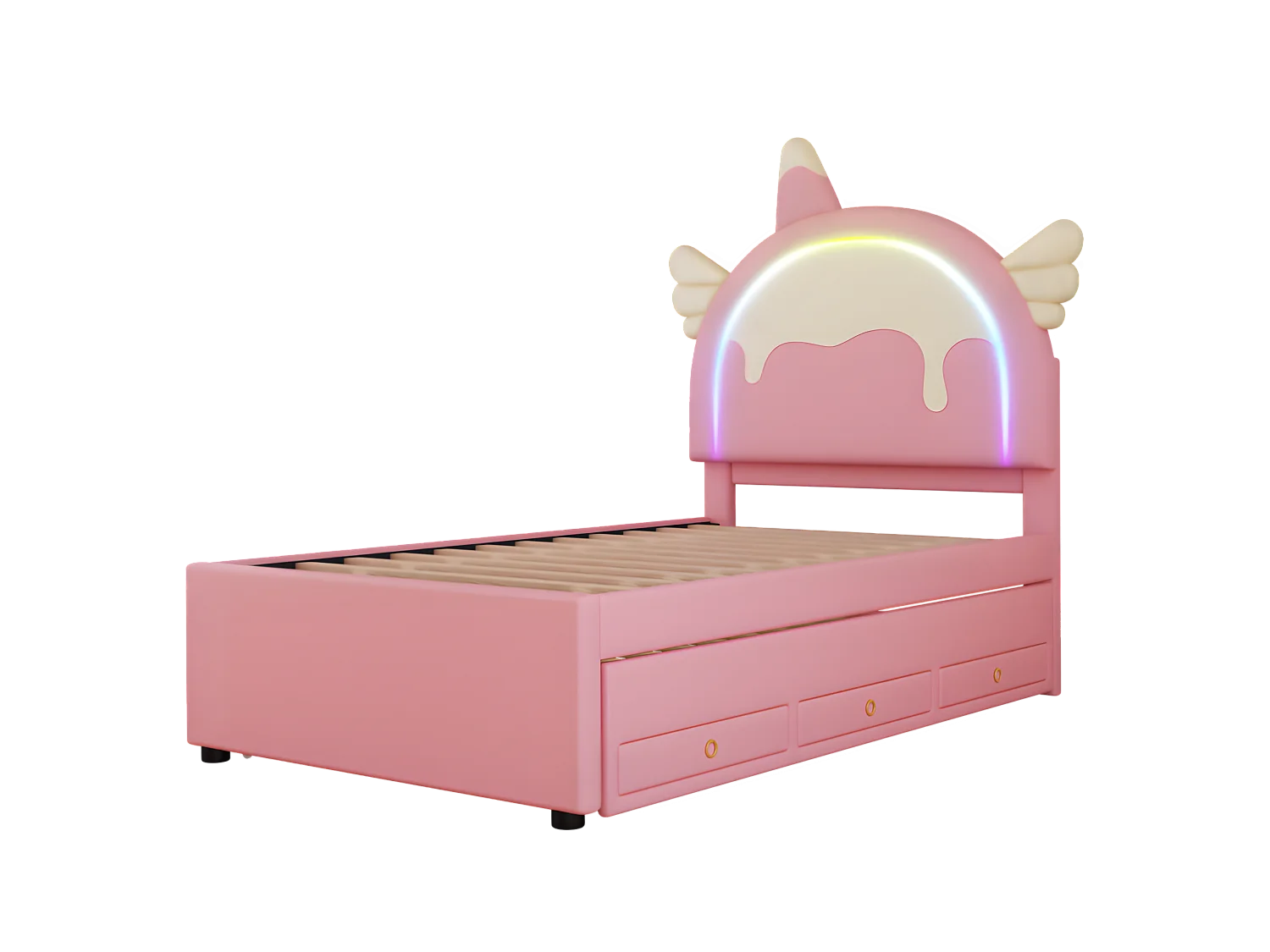 Kinderbed 90x200cm met onderschuifbed 90x190cm - eenhoornvormig hoofdeinde met LED - in kunstleer - Roze