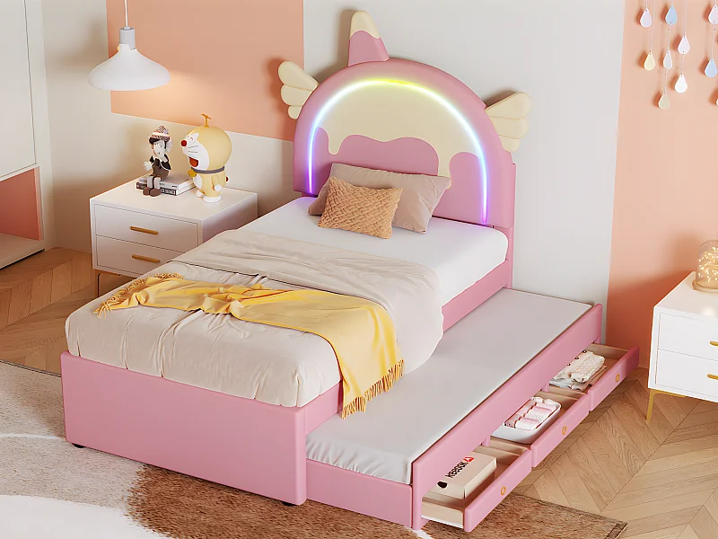 Letto per bambini 90x200 cm con letto estraibile 90x190 cm - testiera a forma di unicorno con LED - in similpelle - Rosa