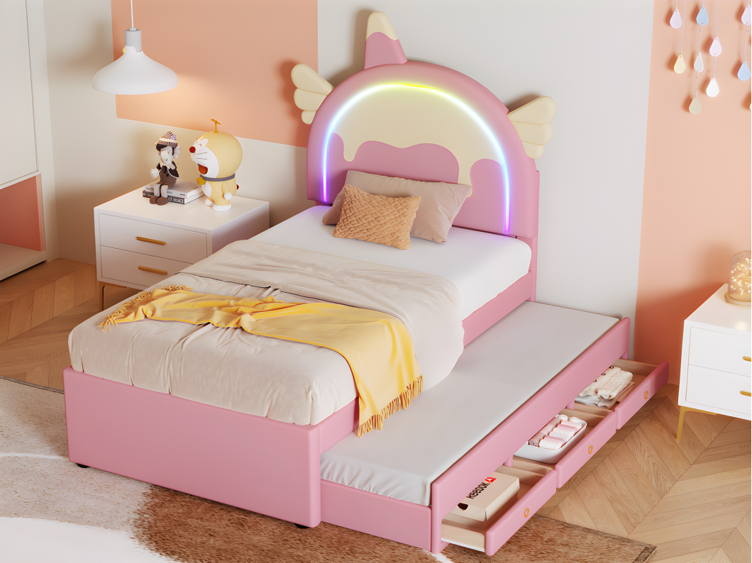 Lit enfant 90x200cm avec un lit gigogne 90x190cm - tête de lit en forme de licorne avec LED - en similicuir - Rose