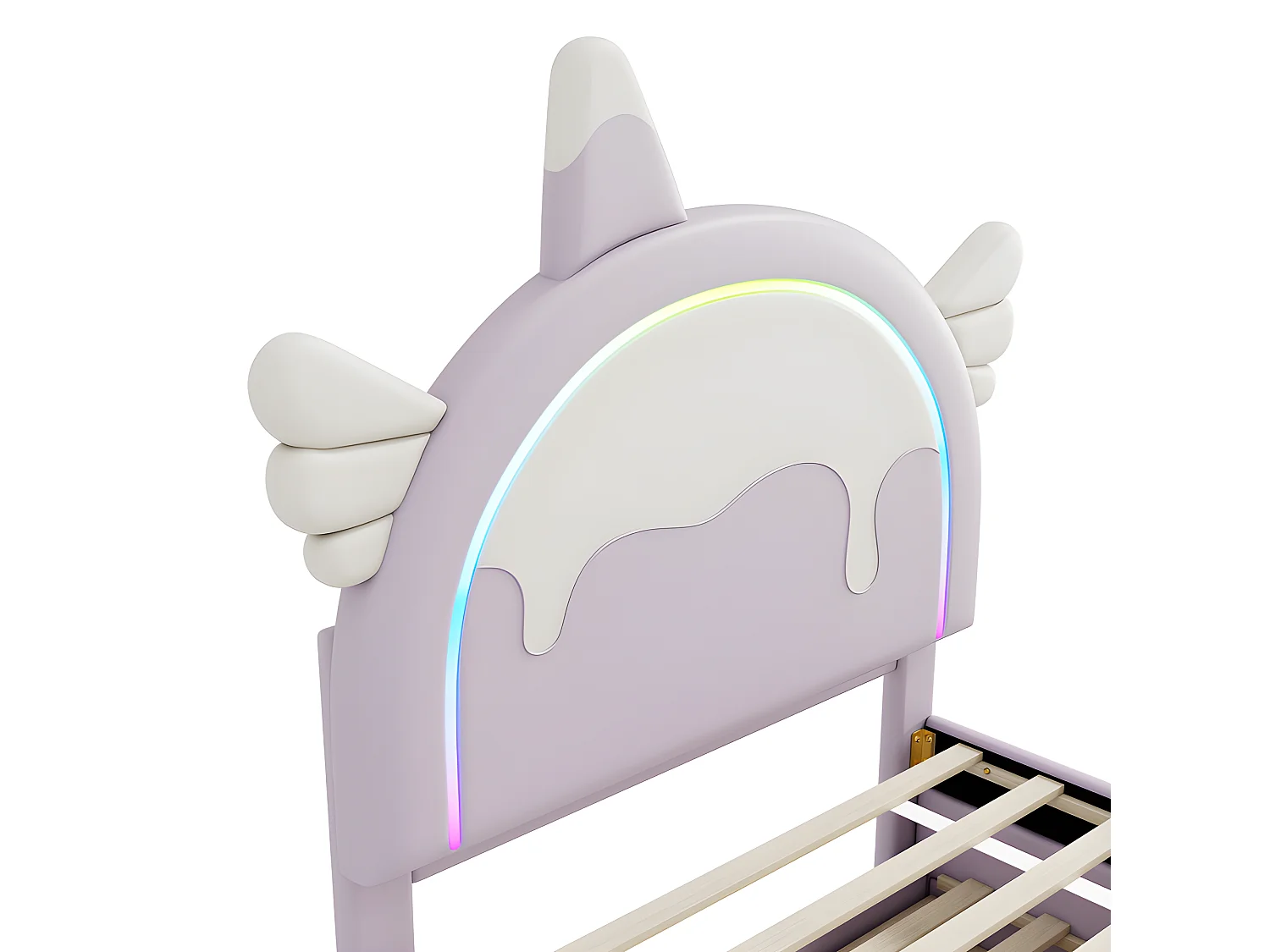 Lit enfant 90x200cm avec un lit gigogne 90x190cm - tête de lit en forme de licorne avec LED - en similicuir - Violet clair
