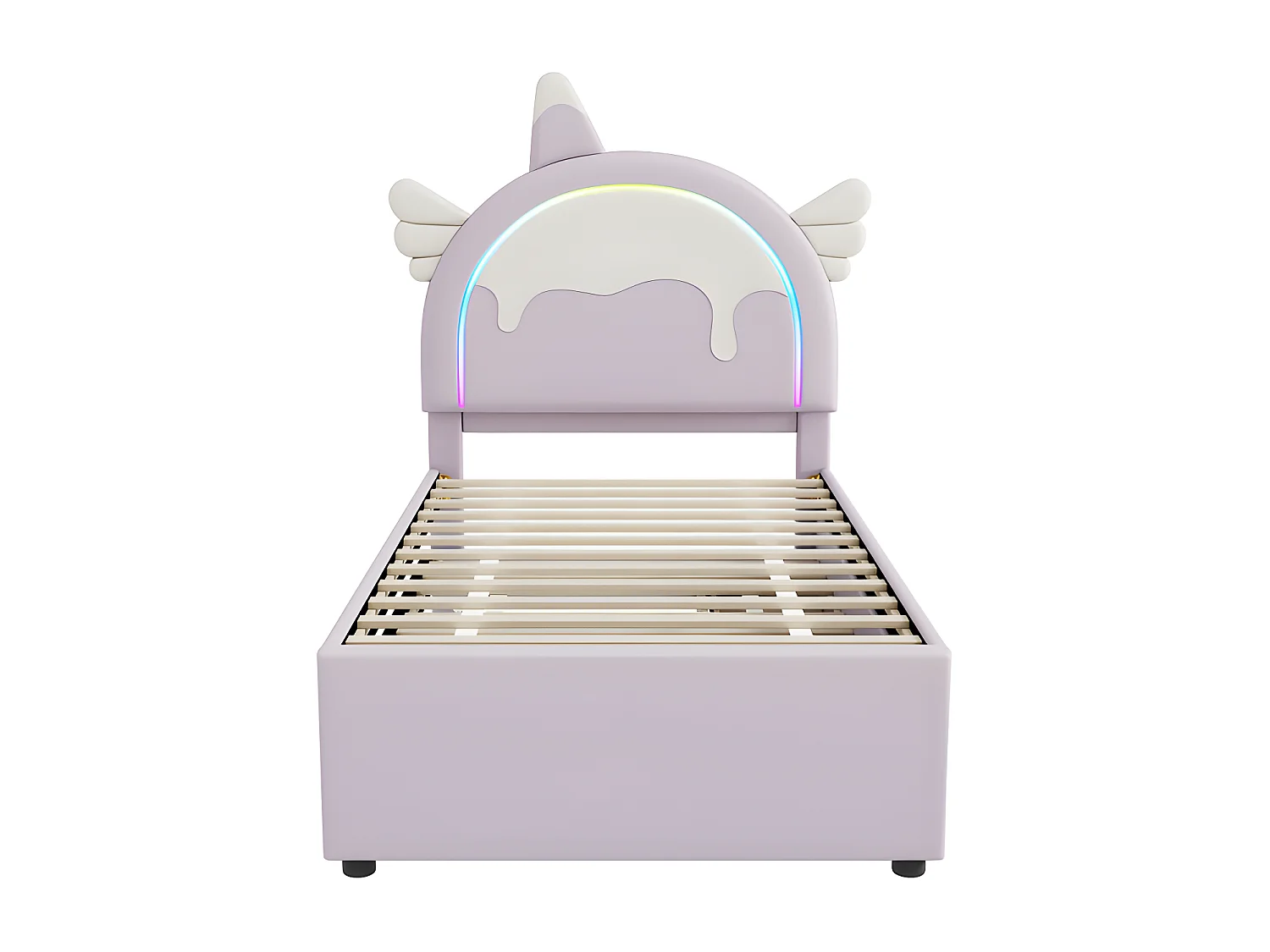 Lit enfant 90x200cm avec un lit gigogne 90x190cm - tête de lit en forme de licorne avec LED - en similicuir - Violet clair