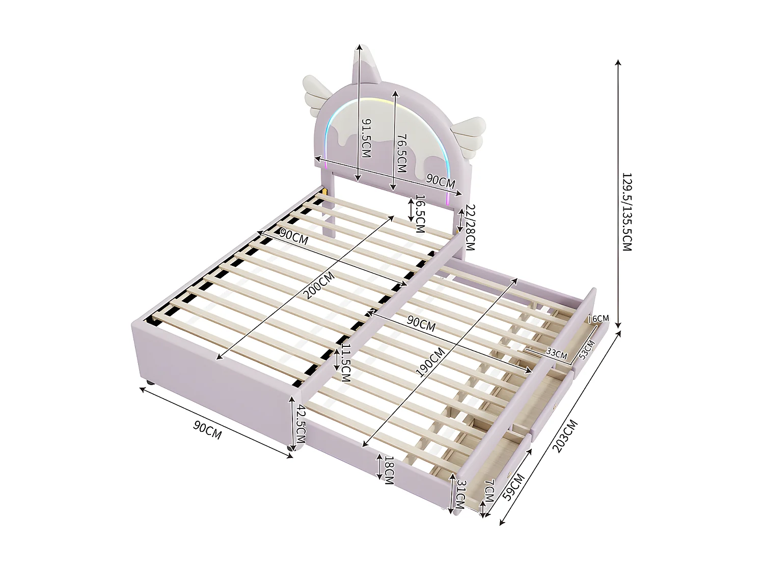 Lit enfant 90x200cm avec un lit gigogne 90x190cm - tête de lit en forme de licorne avec LED - en similicuir - Violet clair
