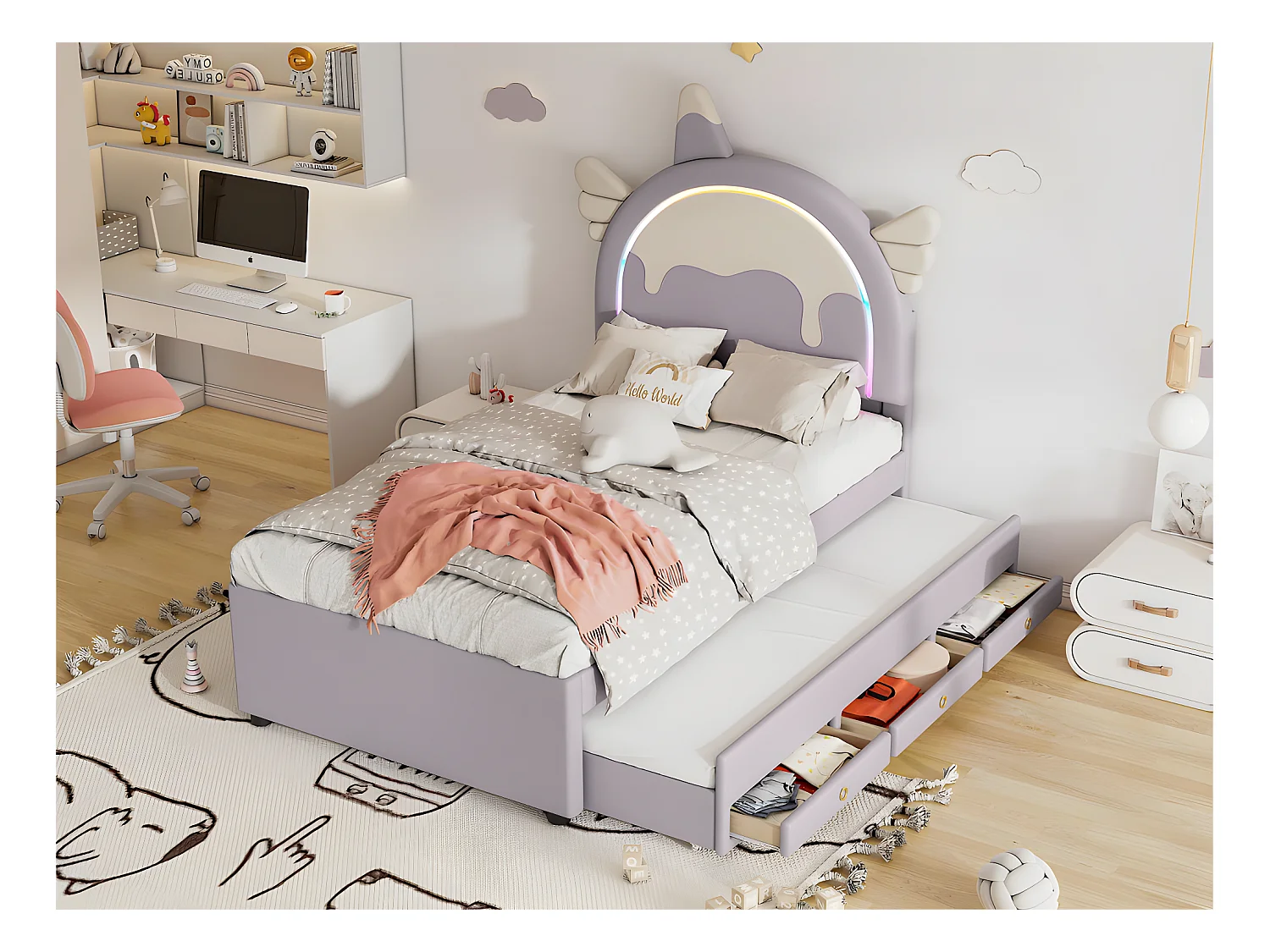 Kinderbed 90x200cm met onderschuifbed 90x190cm - eenhoornvormig hoofdeinde met LED - in kunstleer - Lichtpaars