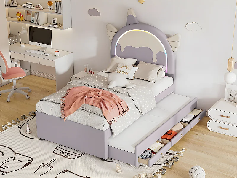 Lit enfant 90x200cm avec un lit gigogne 90x190cm - tête de lit en forme de licorne avec LED - en similicuir - Violet clair