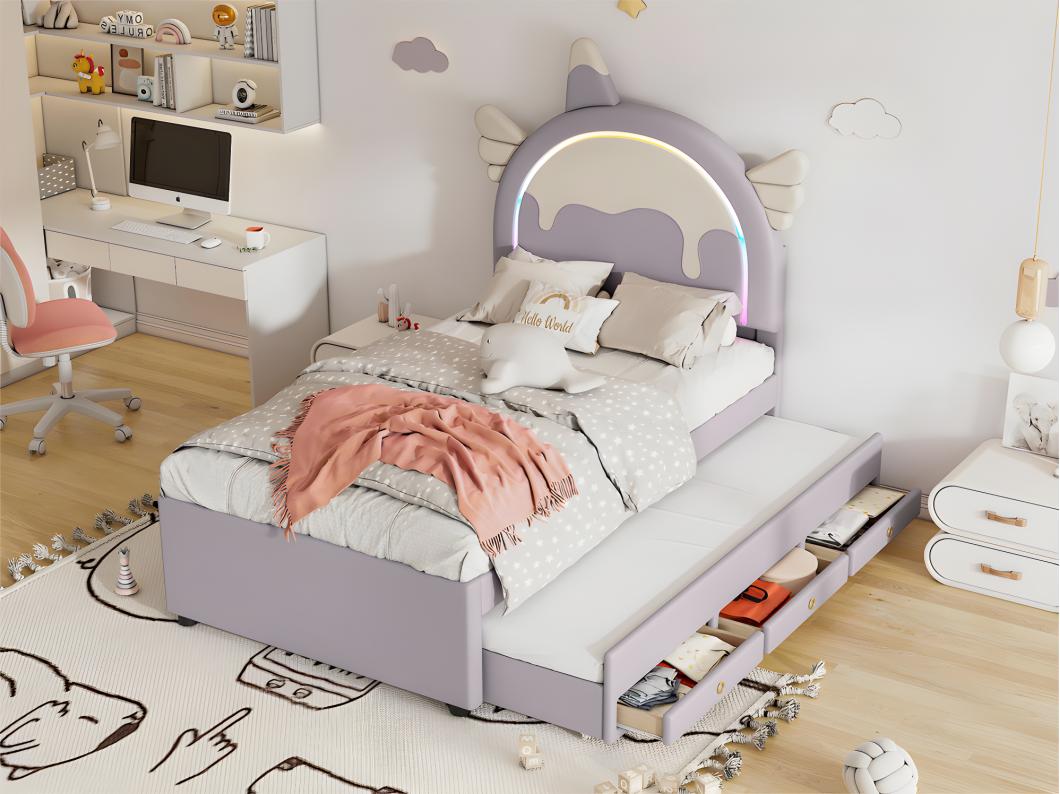 Cama infantil 90x200cm con cama nido 90x190cm - cabecero en forma de unicornio con LED - en polipiel - Lila claro