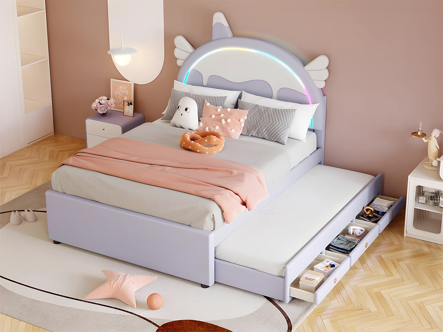 Kinderbed 140x200cm met onderschuifbed 90x190cm - eenhoornvormig hoofdeinde met LED - in kunstleer - Lichtpaars