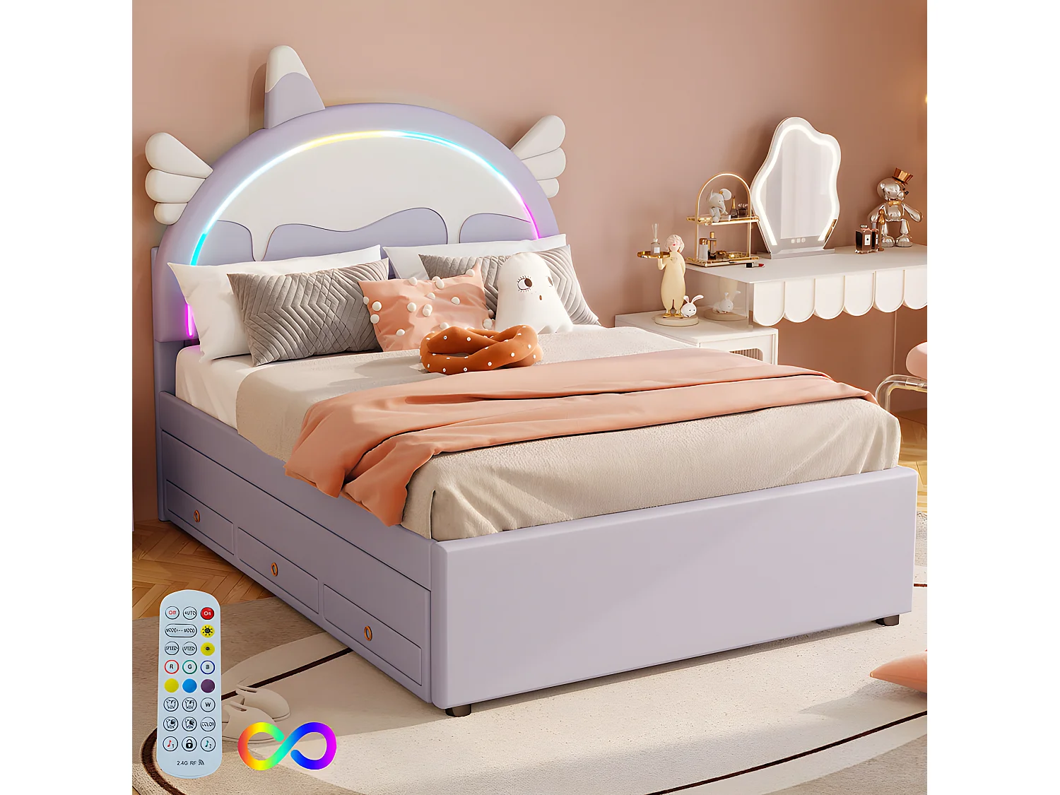 Kinderbed 140x200cm met onderschuifbed 90x190cm - eenhoornvormig hoofdeinde met LED - in kunstleer - Lichtpaars