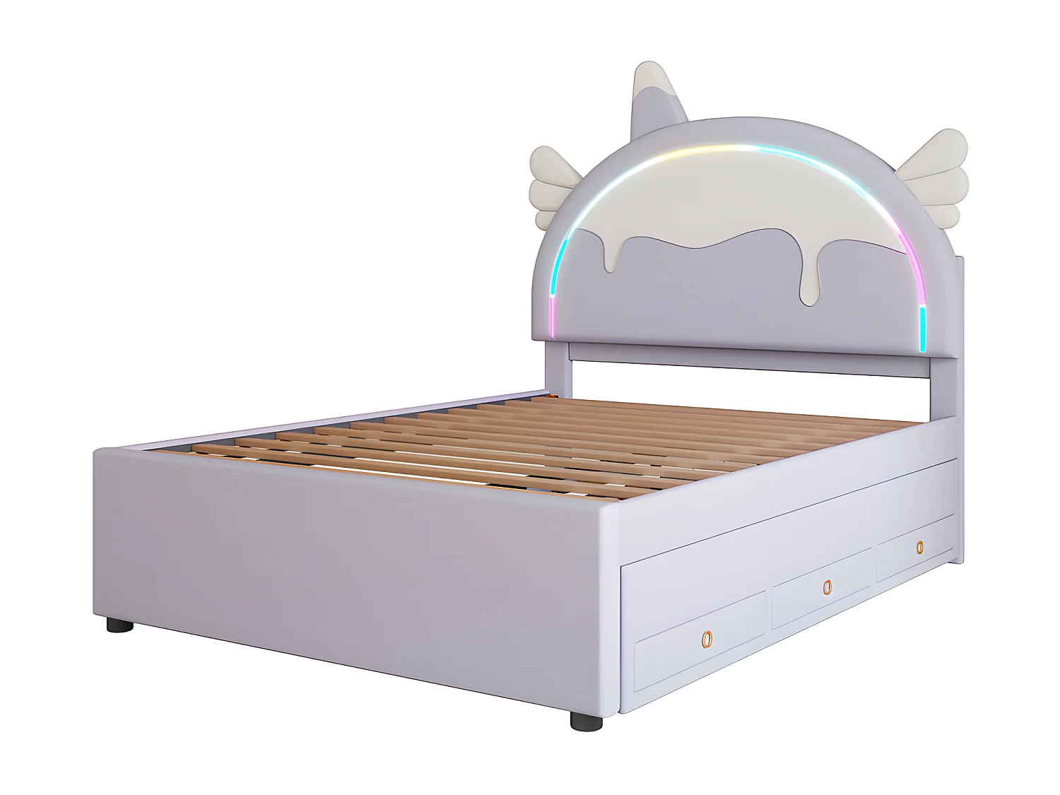 Kinderbed 140x200cm met onderschuifbed 90x190cm - eenhoornvormig hoofdeinde met LED - in kunstleer - Lichtpaars