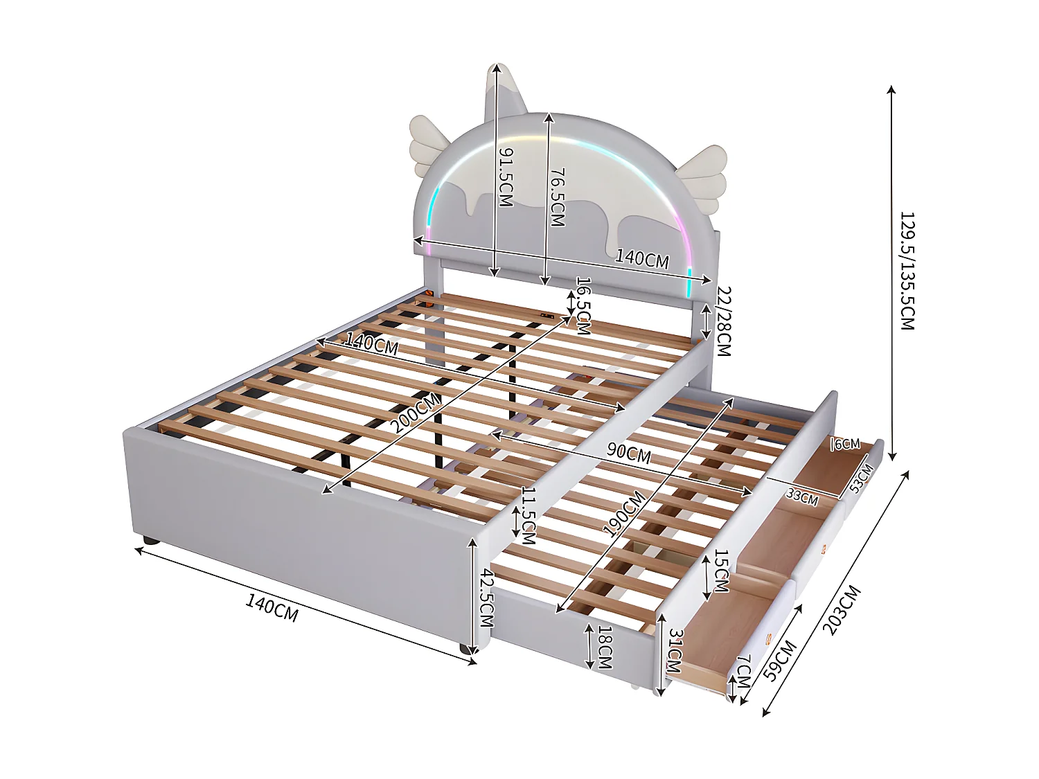 Kinderbed 140x200cm met onderschuifbed 90x190cm - eenhoornvormig hoofdeinde met LED - in kunstleer - Lichtpaars