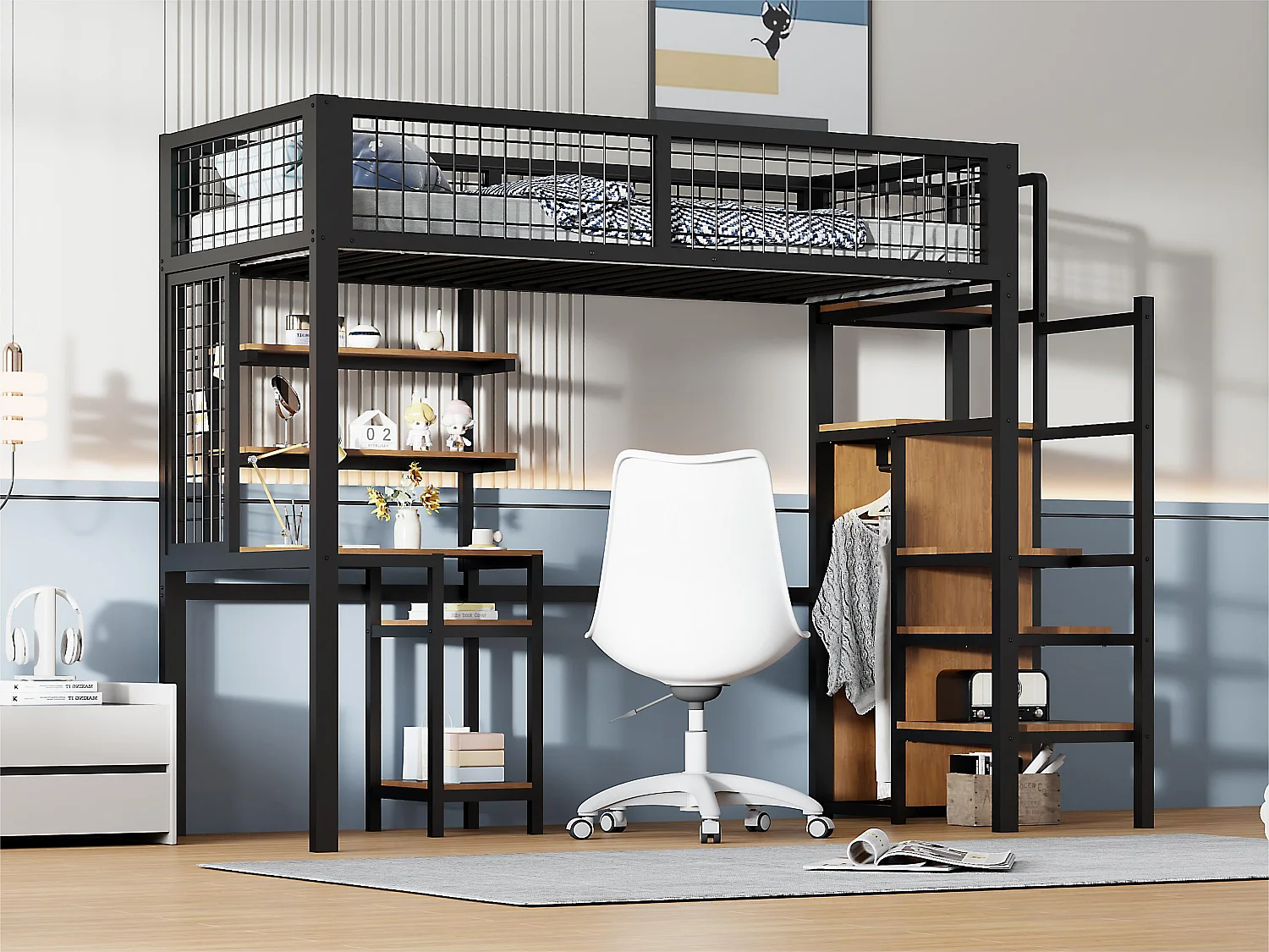 Hochbett 90x200 cm mit Schreibtisch, Regalen, Treppe und Kleiderschrank – Metallrahmen – Schwarz