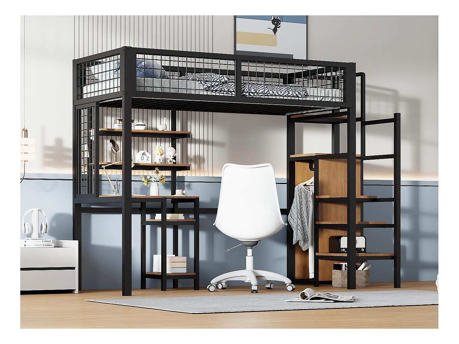 Lit mezzanine 90x200 cm avec bureau, étagères, escalier et armoire - cadre en métal - Noir