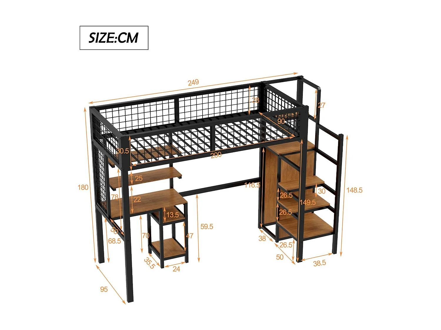 Hoogslaper 90x200 cm met bureau, planken, trap en kledingkast - metalen frame - Zwart