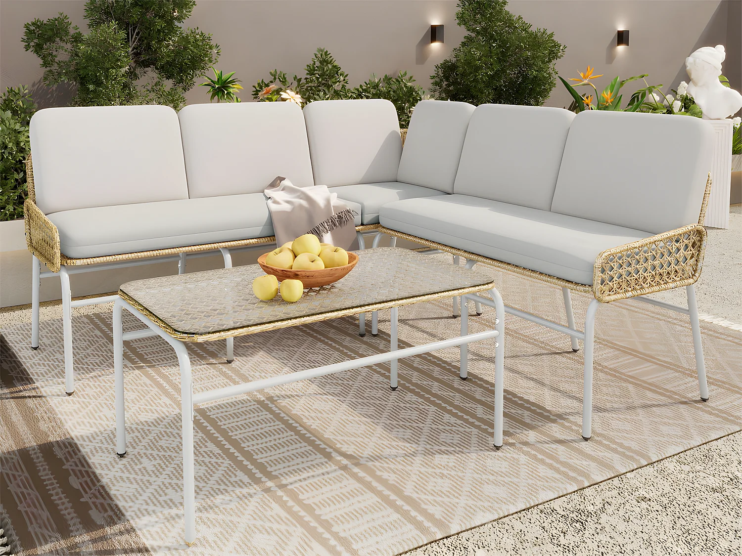 4 tot 5 zits tuinhoekbank - in metaal en PE rotan - salontafel met blad van gehard glas - Lichtgrijs