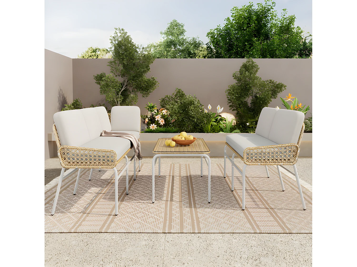 4 tot 5 zits tuinhoekbank - in metaal en PE rotan - salontafel met blad van gehard glas - Lichtgrijs