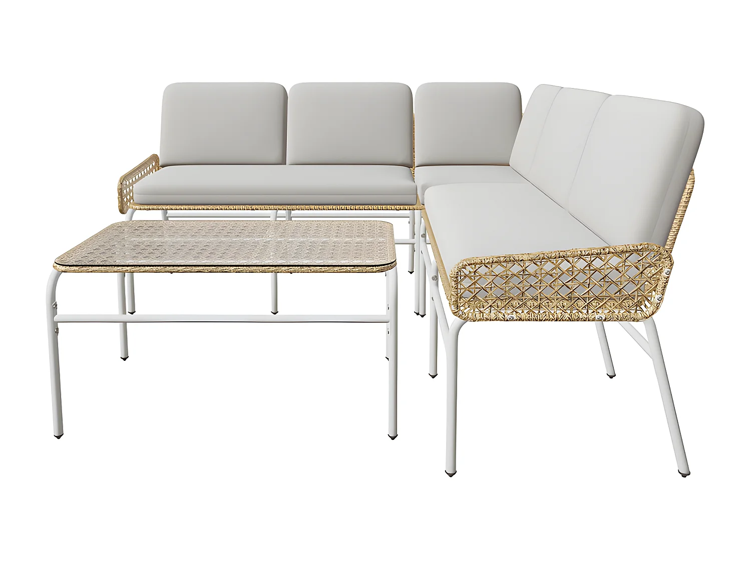 4 tot 5 zits tuinhoekbank - in metaal en PE rotan - salontafel met blad van gehard glas - Lichtgrijs