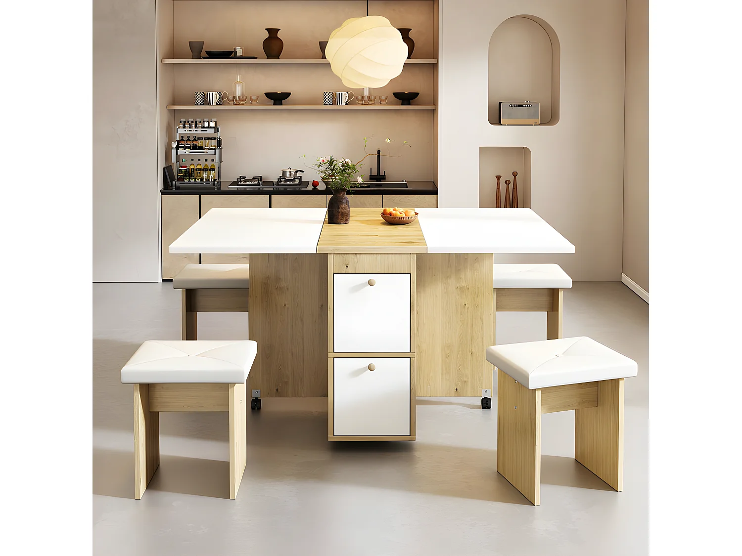 Ensemble table à manger avec 4 chaises - table pliante avec 2 tiroirs 140*80*75cm - en panneaux de particules - Blanc & Doré