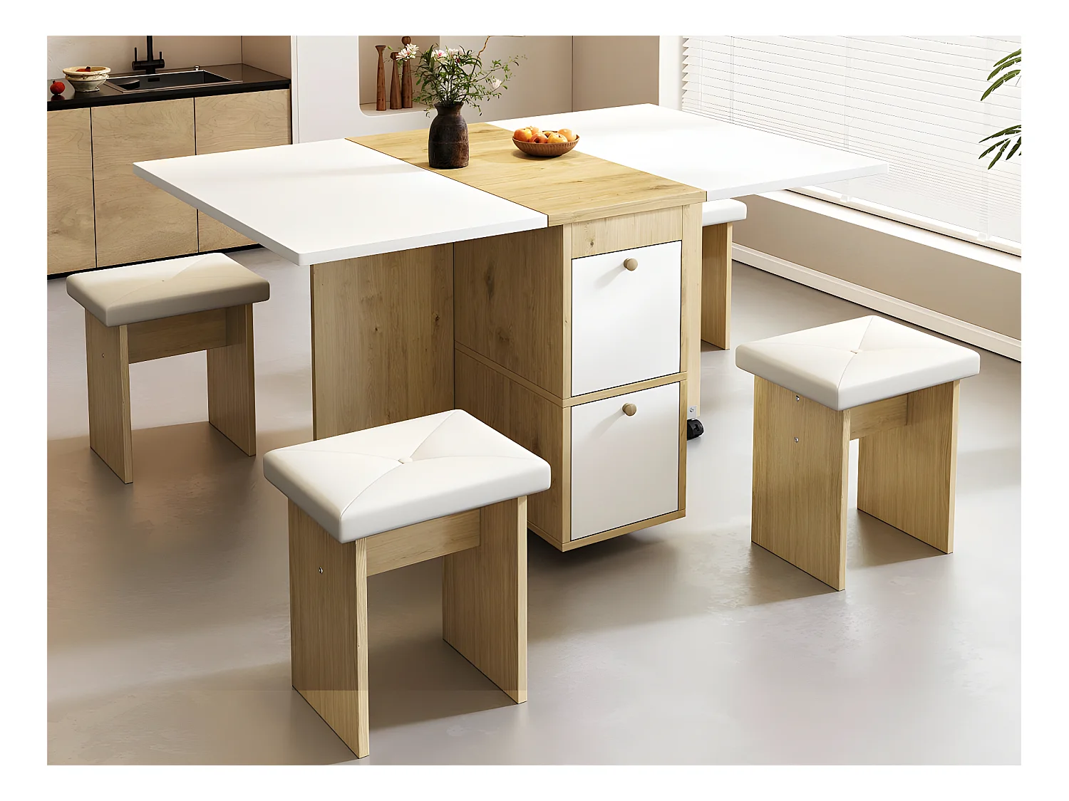 Eettafelset met 4 stoelen - klaptafel met 2 laden 140*80*75cm - in spaanplaat - Wit & Goud