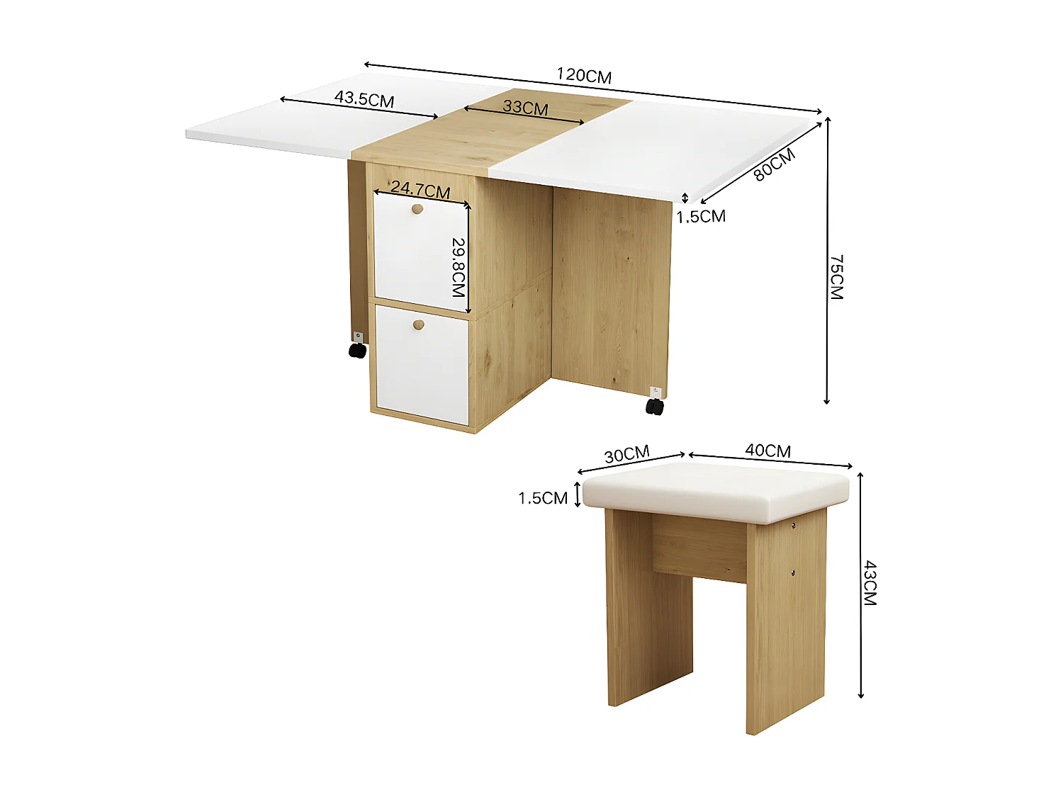 Ensemble table à manger avec 4 chaises - table pliante avec 2 tiroirs 140*80*75cm - en panneaux de particules - Blanc & Doré