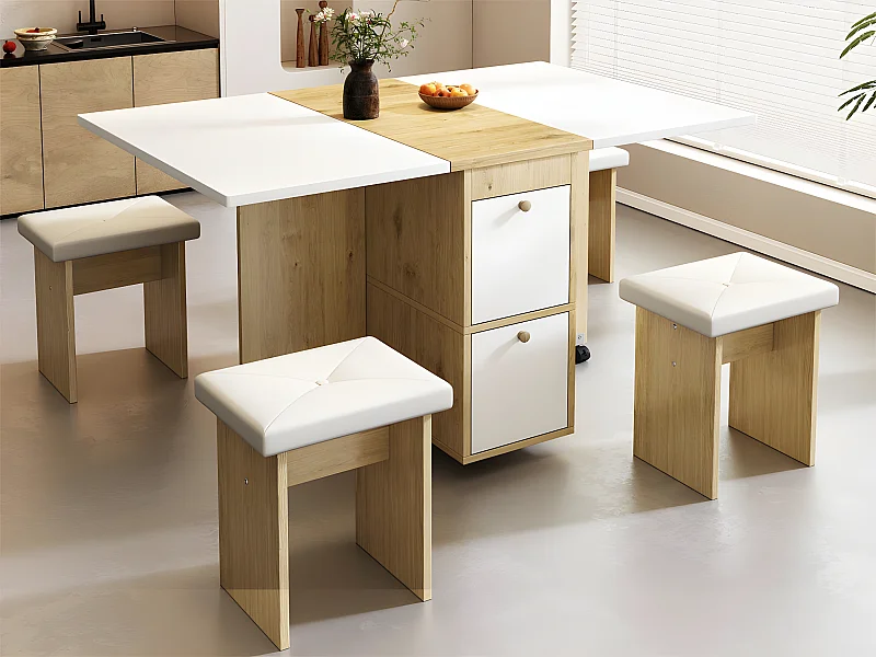 Ensemble table à manger avec 4 chaises - table pliante avec 2 tiroirs 140*80*75cm - en panneaux de particules - Blanc & Doré