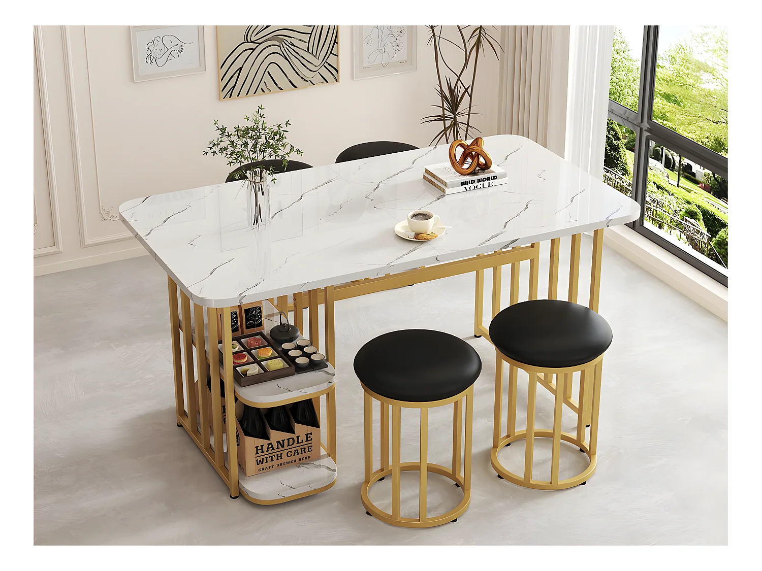 Ensemble table à manger avec 4 chaises - table rectangulaire avec rangements 140*80*75cm - structure en métal - Blanc & Naturel