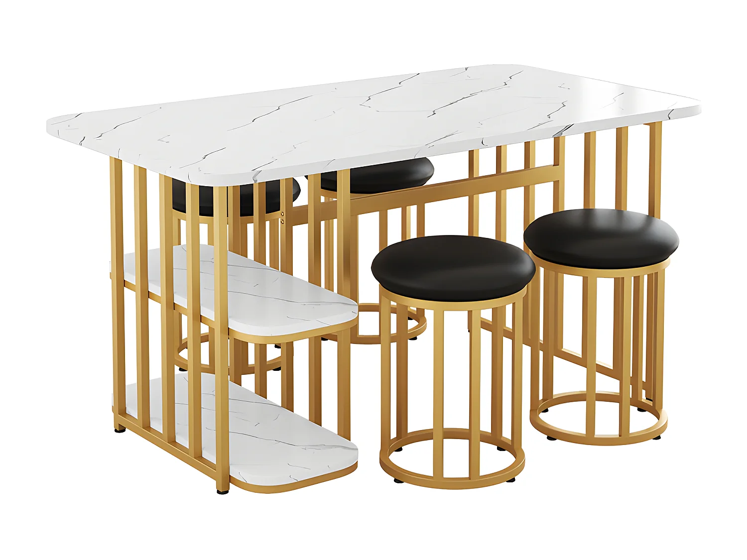 Ensemble table à manger avec 4 chaises - table rectangulaire avec rangements 140*80*75cm - structure en métal - Blanc & Naturel