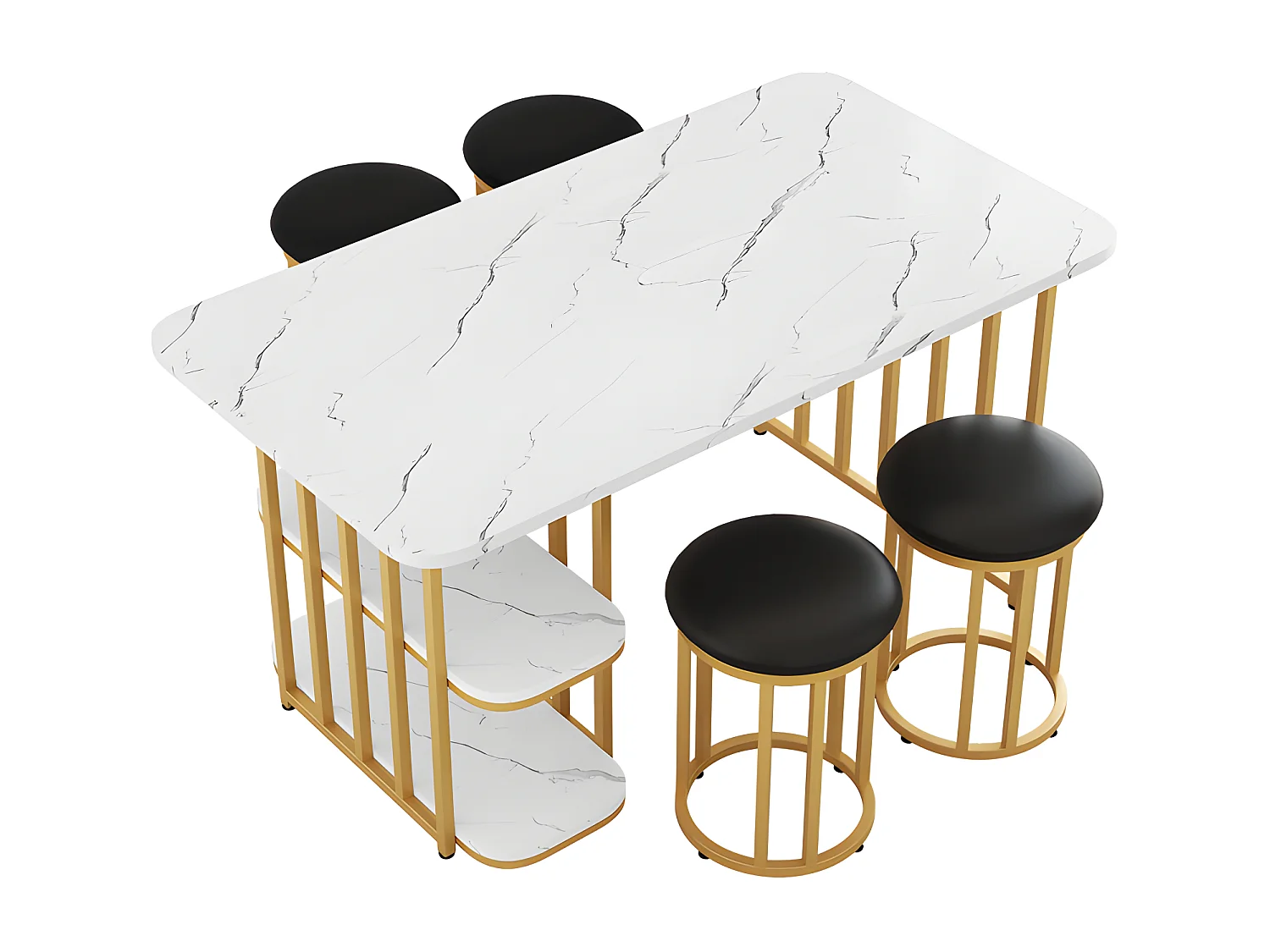 Ensemble table à manger avec 4 chaises - table rectangulaire avec rangements 140*80*75cm - structure en métal - Blanc & Naturel