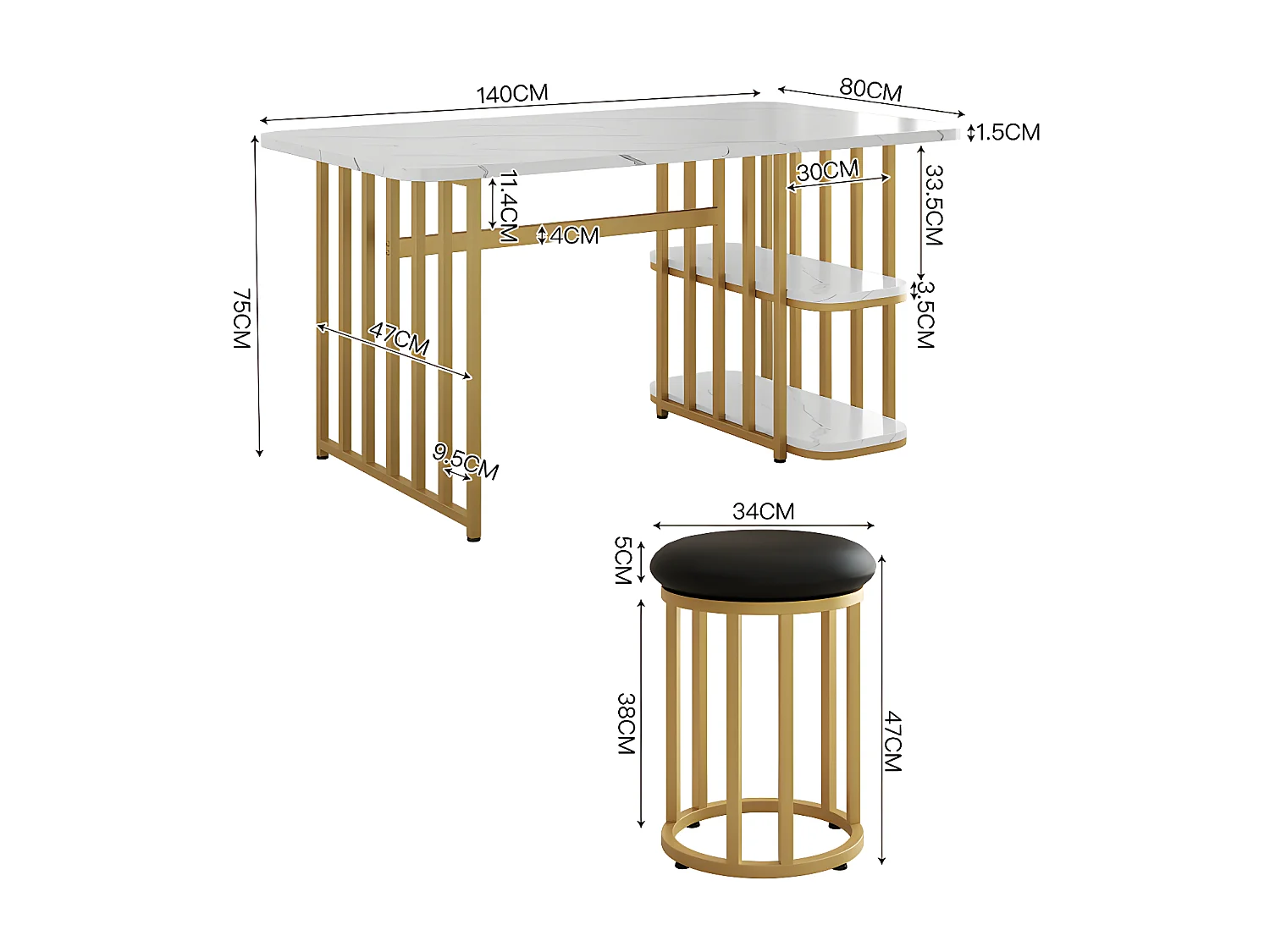 Ensemble table à manger avec 4 chaises - table rectangulaire avec rangements 140*80*75cm - structure en métal - Blanc & Naturel