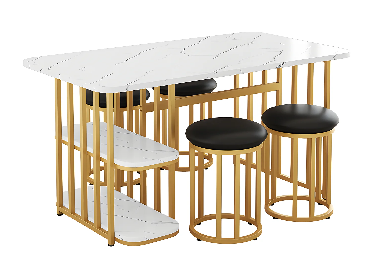 Ensemble table à manger avec 4 chaises - table rectangulaire avec rangements 140*80*75cm - structure en métal - Blanc & Naturel