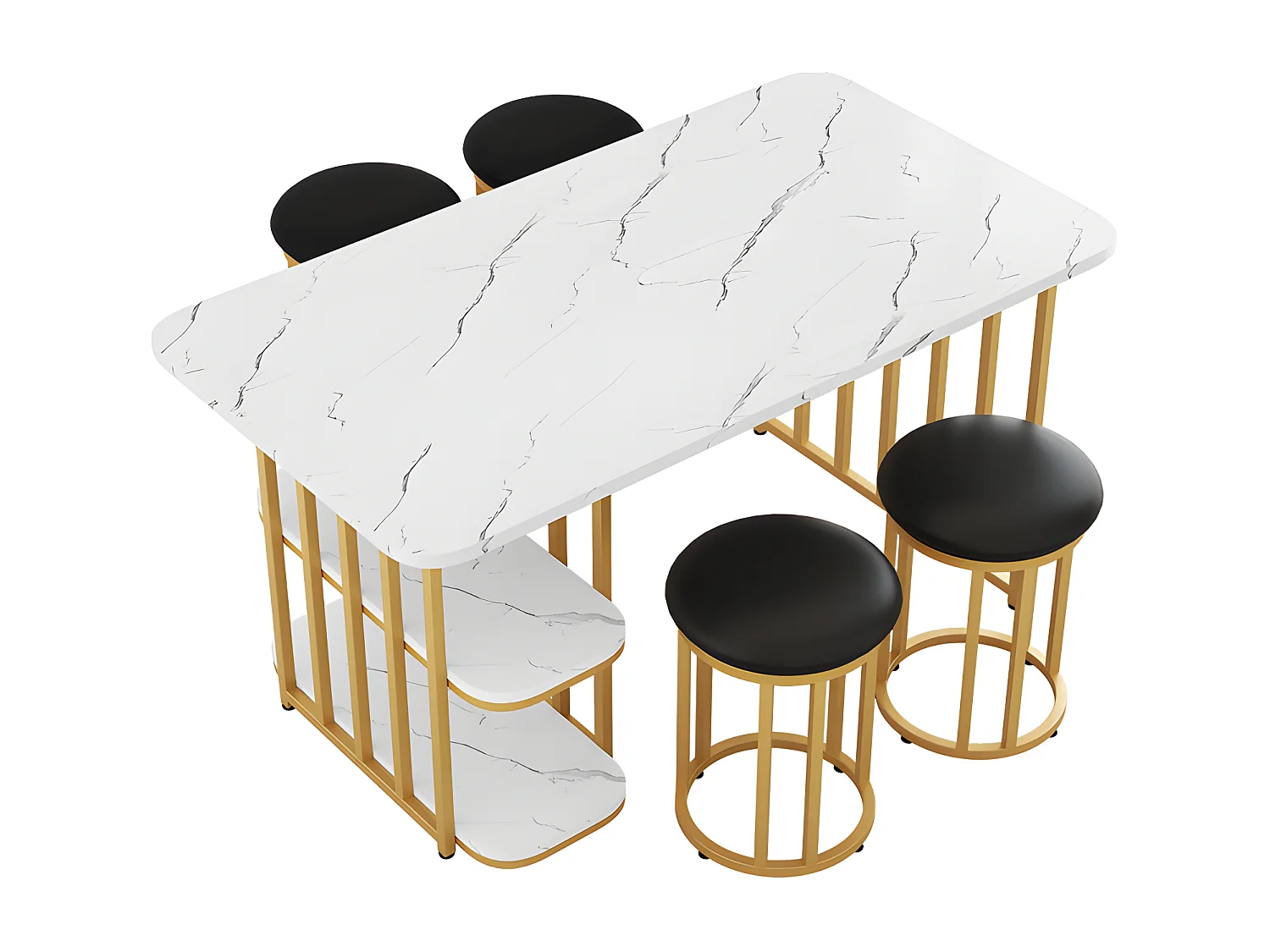 Ensemble table à manger avec 4 chaises - table rectangulaire avec rangements 140*80*75cm - structure en métal - Blanc & Naturel