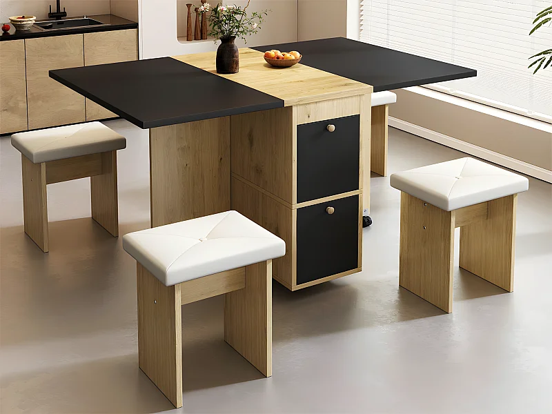 Juego de mesa de comedor con 4 sillas - mesa plegable con 2 cajones 140*80*75cm - de tablero de partículas - Negro y Dorado