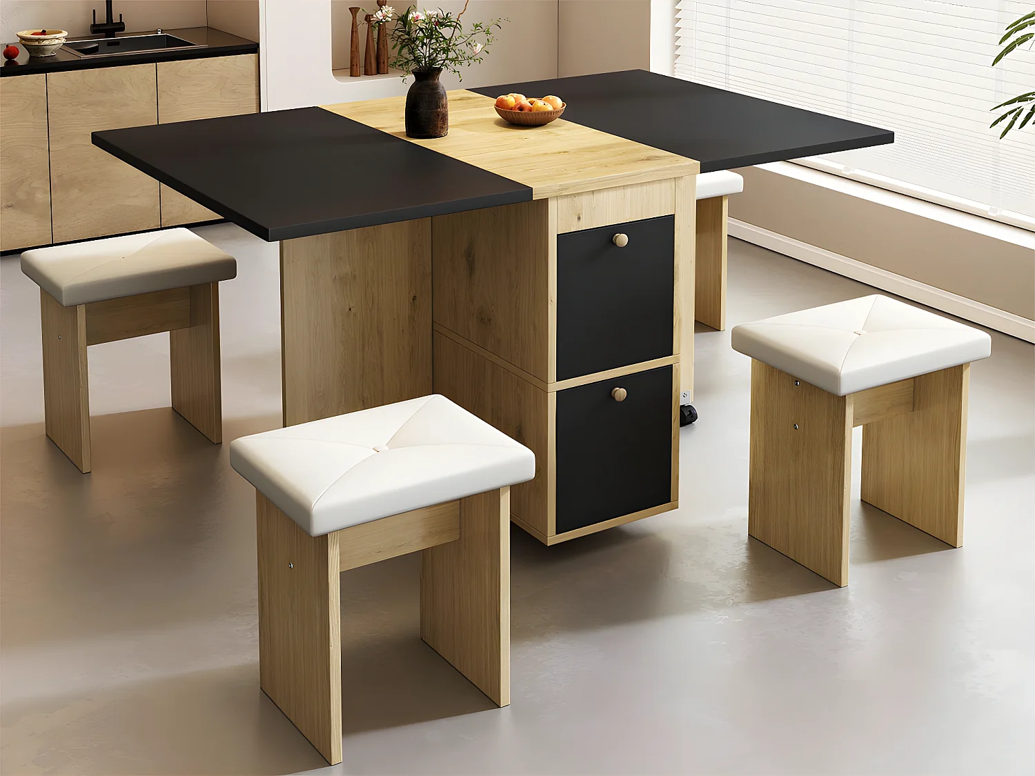 Ensemble table à manger avec 4 chaises - table pliante avec 2 tiroirs 140*80*75cm - en panneaux de particules - Noir & Doré