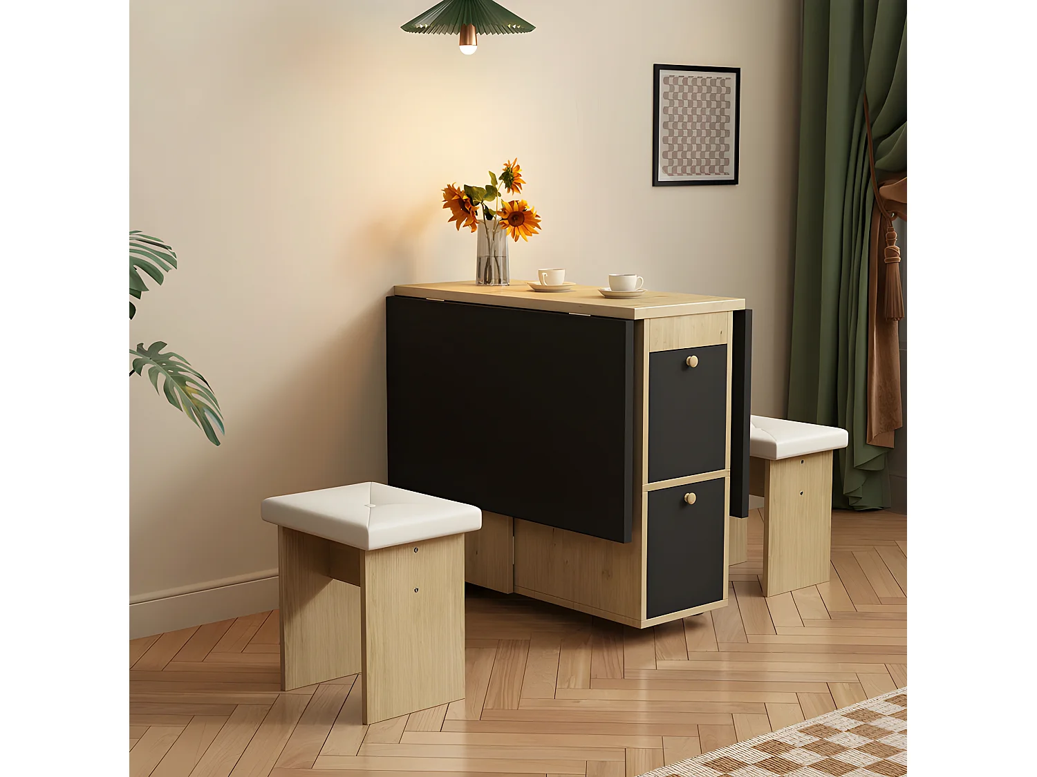 Ensemble table à manger avec 4 chaises - table pliante avec 2 tiroirs 140*80*75cm - en panneaux de particules - Noir & Doré