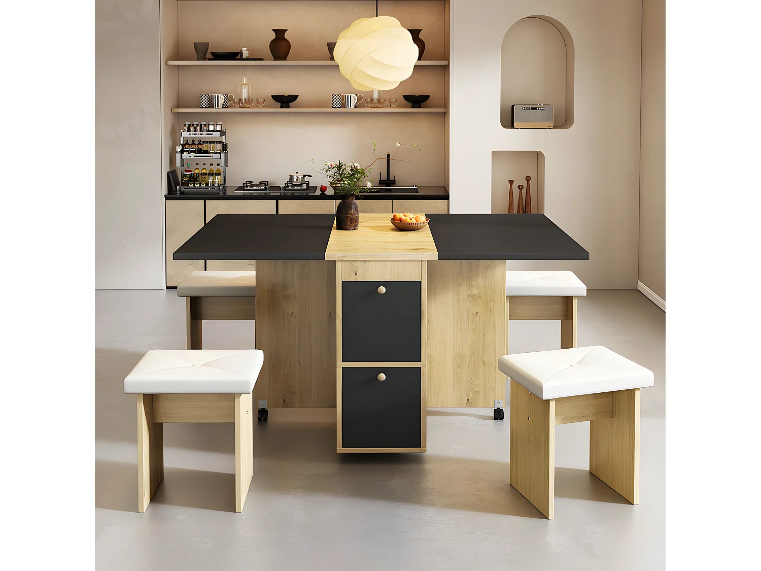 Ensemble table à manger avec 4 chaises - table pliante avec 2 tiroirs 140*80*75cm - en panneaux de particules - Noir & Doré