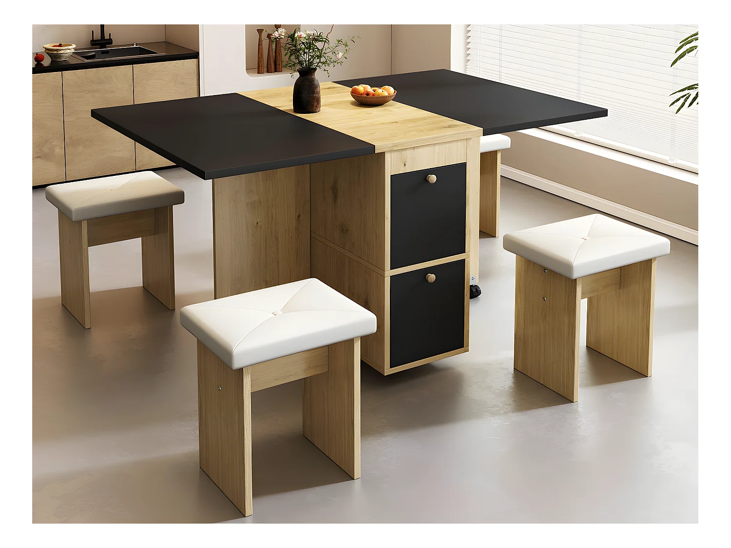Ensemble table à manger avec 4 chaises - table pliante avec 2 tiroirs 140*80*75cm - en panneaux de particules - Noir & Doré