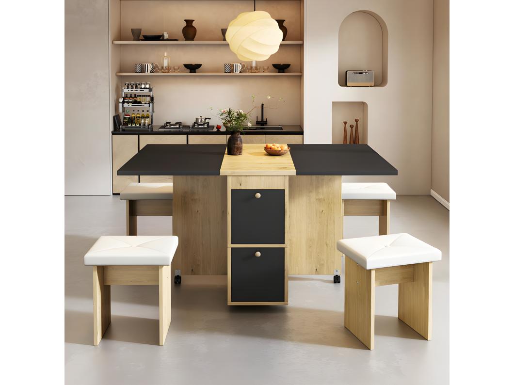 Eettafelset met 4 stoelen - klaptafel met 2 laden 140*80*75cm - in spaanplaat - Zwart & Goud