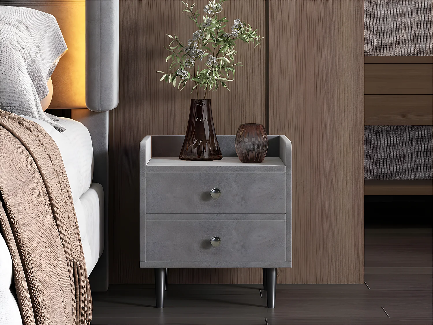 Mesita de noche tapizada en terciopelo - con 2 cajones - Gris