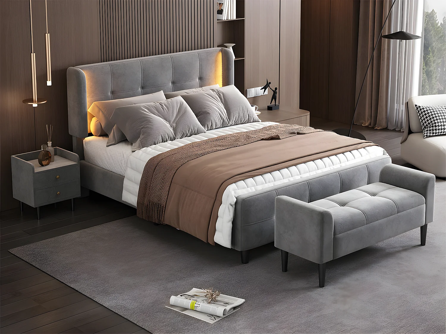 Lit double capitonné en velours - 140x200 cm - avec bande lumineuse LED en 16 couleurs - tête de lit réglable en hauteur - Gris