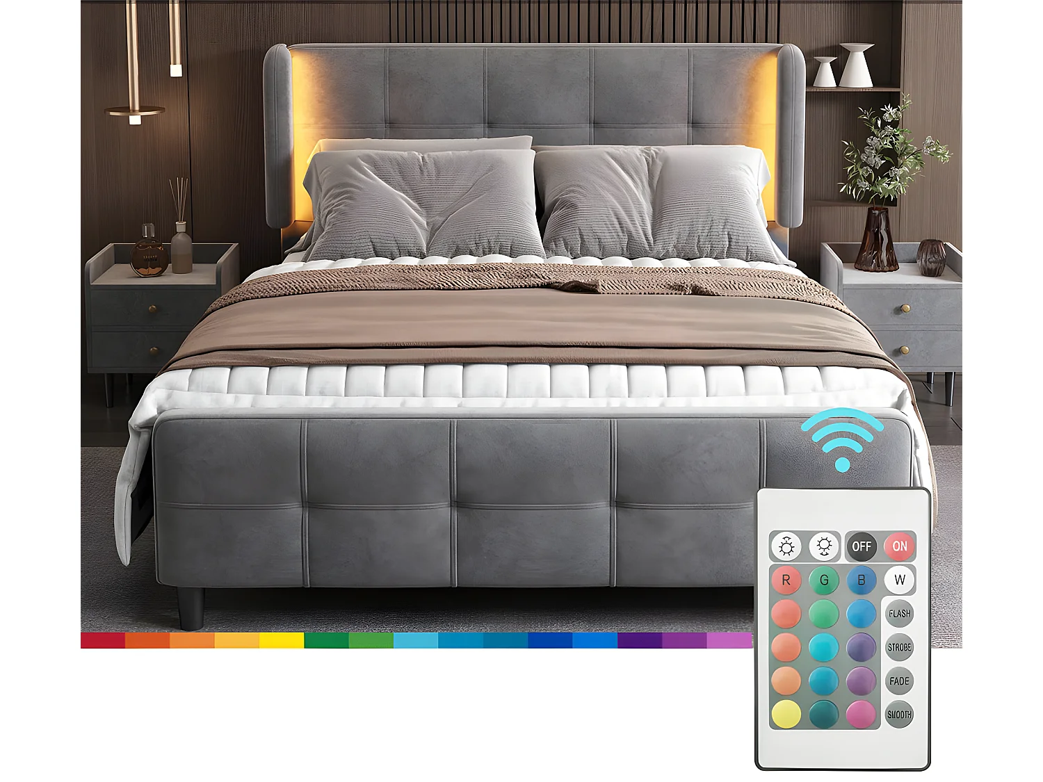 Lit double capitonné en velours - 140x200 cm - avec bande lumineuse LED en 16 couleurs - tête de lit réglable en hauteur - Gris