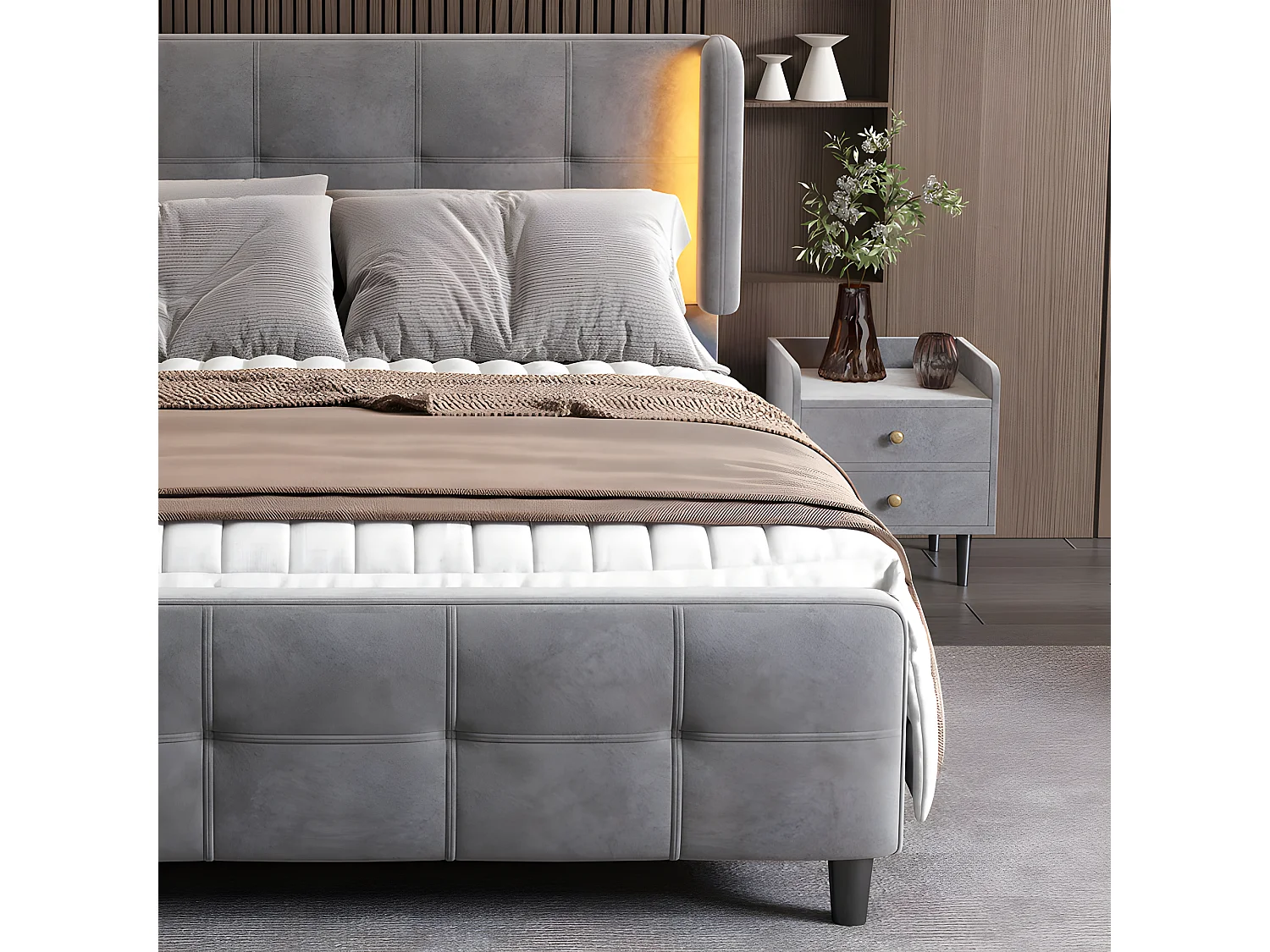 Lit double capitonné en velours - 140x200 cm - avec bande lumineuse LED en 16 couleurs - tête de lit réglable en hauteur - Gris