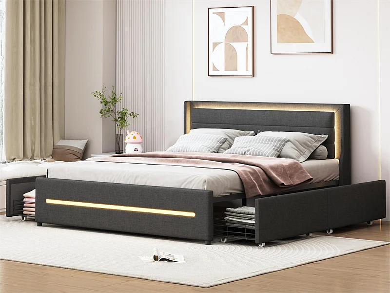 Letto matrimoniale imbottito 140x200cm in lino - con 4 cassetti e illuminazione LED - con rete a doghe - Grigio