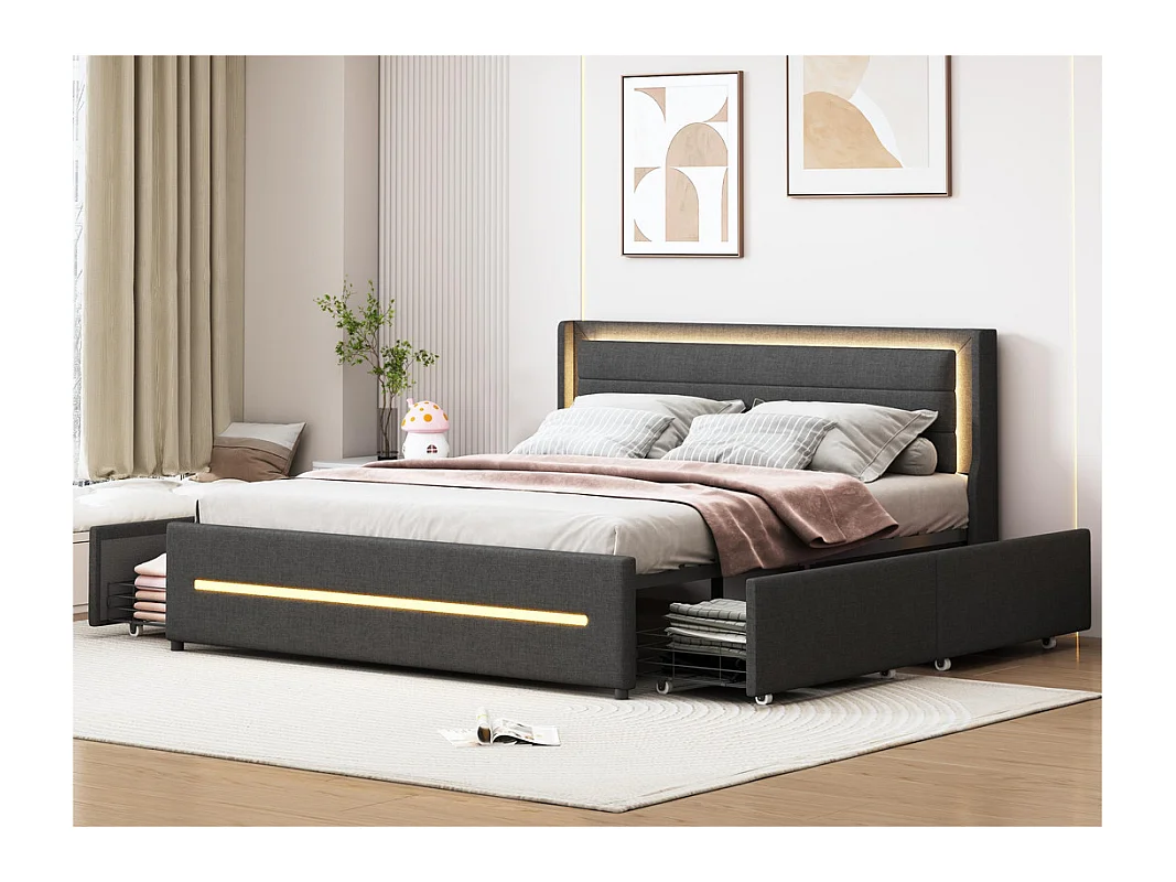 Lit double 160x200cm avec LED - 4 tiroirs - avec sommier à lattes - Gris