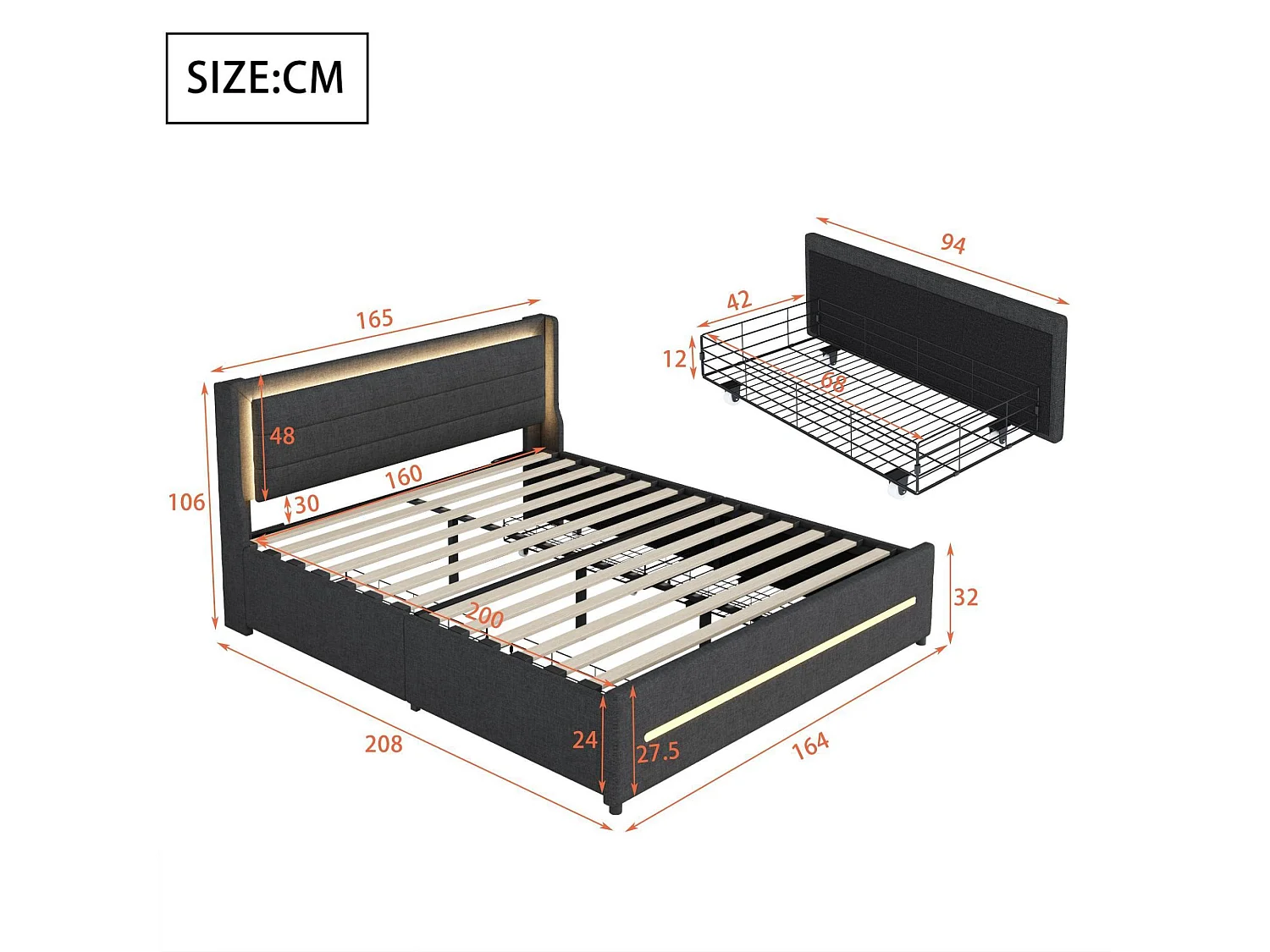 Gestoffeerd tweepersoonsbed 160x200cm in linnen - voorzien van 4 lades en LED verlichting - met lattenbodem - Grijs
