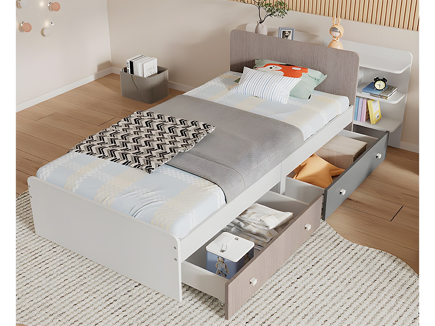 Letto Singolo 90x200 Cm Con Cassetti E Libreria - Multifunzionale, In Legno, Bianco, Senza Materasso - Foto 10